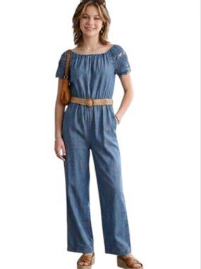 Habitual Junior Size 16 Chambray Lyocell Wide Leg Jumpsuit Lace Detail